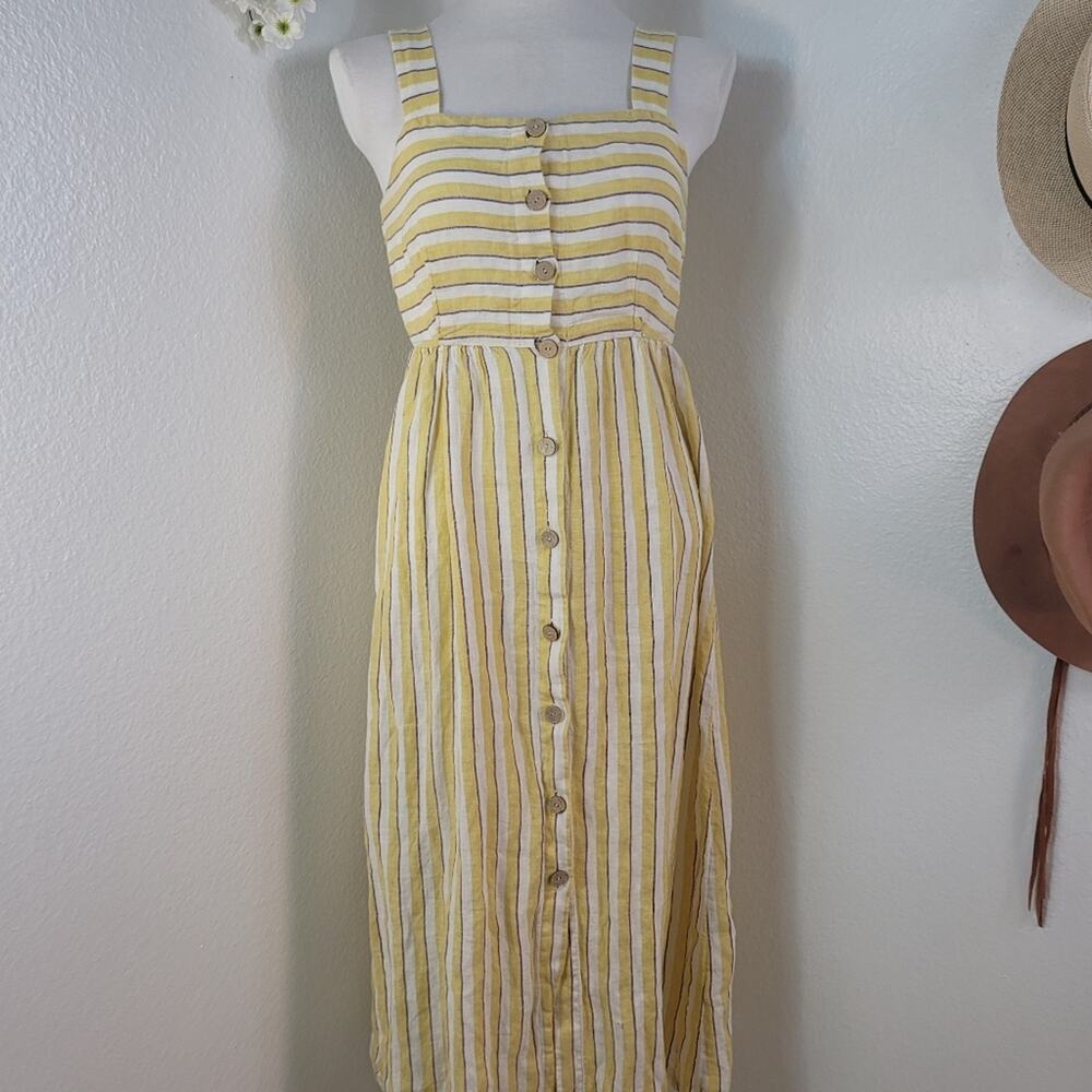 RACHEL ZOE Yellow Ivory Striped Linen Button Front Midi Dress Breezy Summer - Picture 4 of 14
